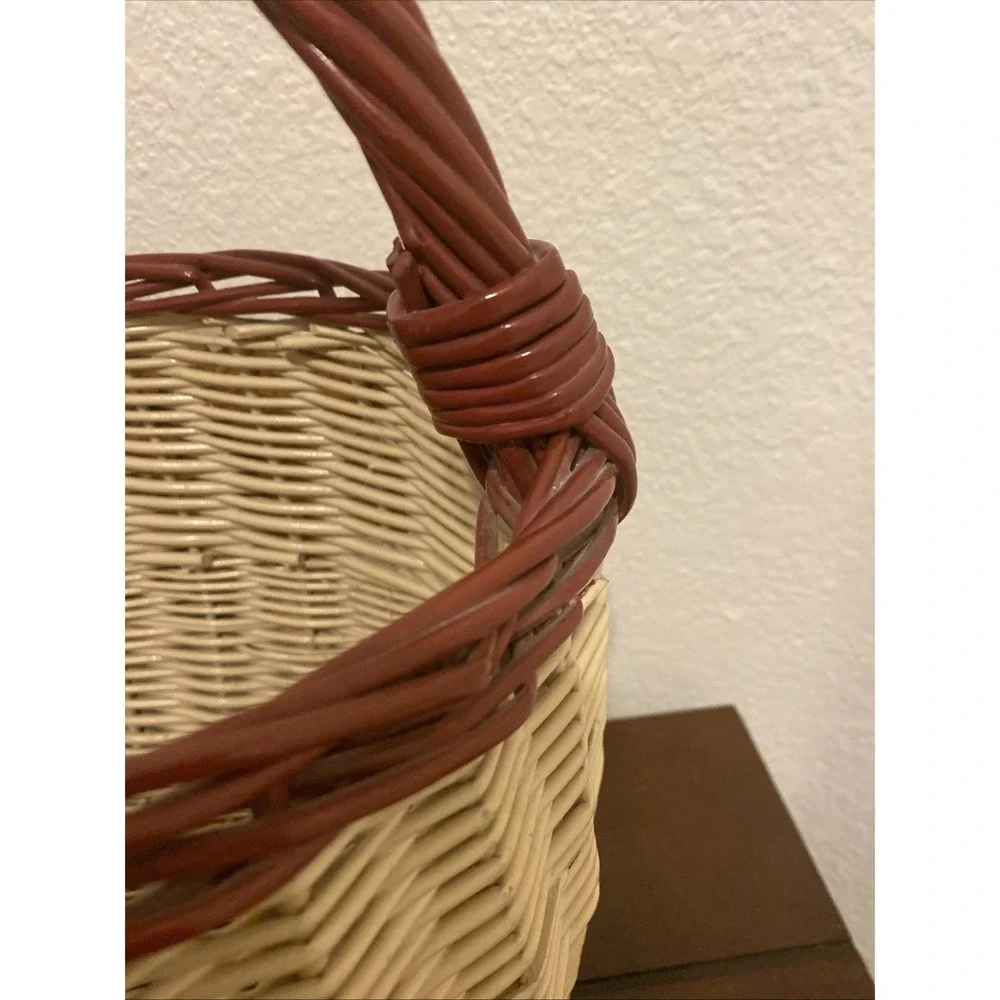 Vintage Woven Wicker Rattan Basket Featuring Prominent Floral And Bird Designs